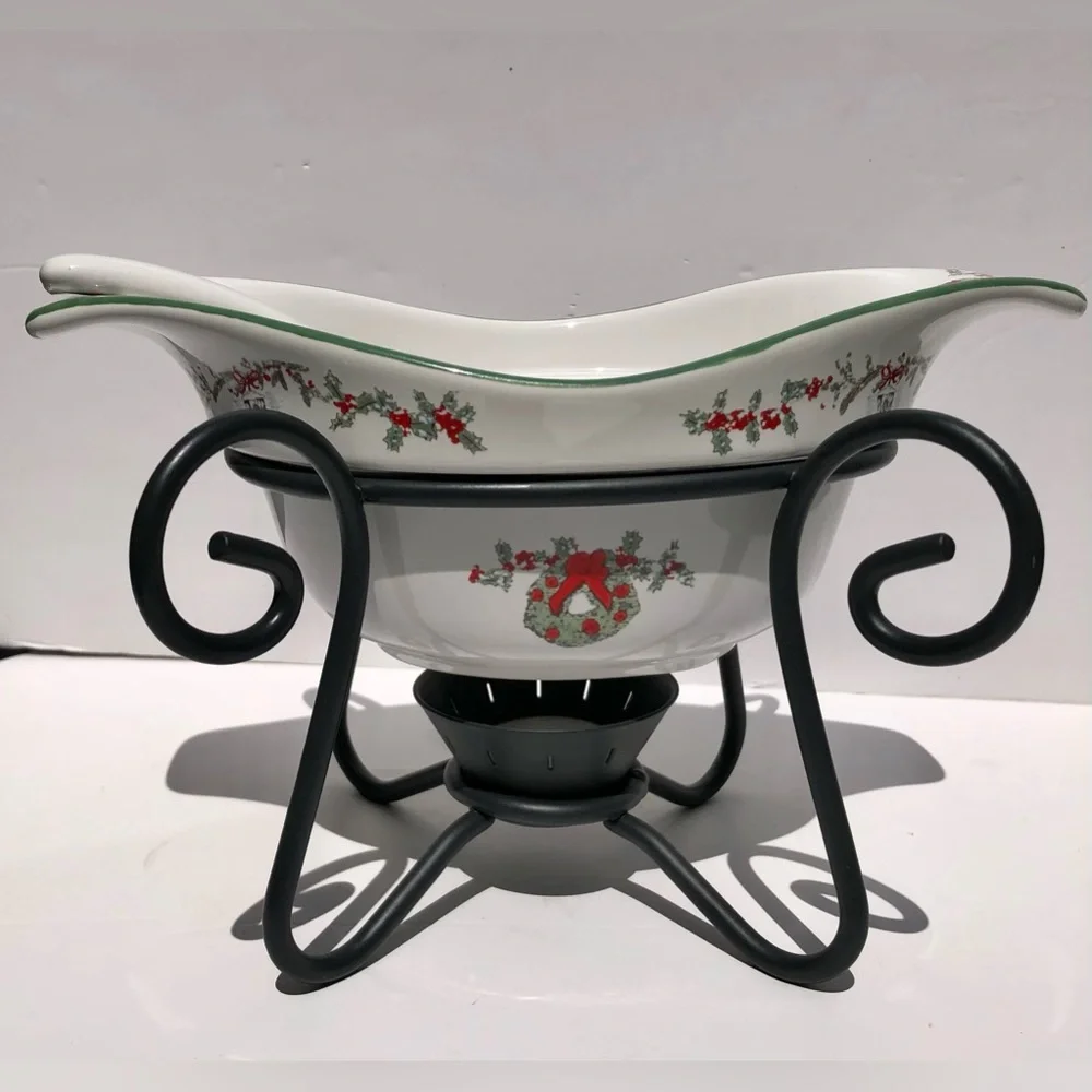 PFALZGRAFF HOLIDAY GRAVY SERVER W/LADLE & METAL STAND CHRISTMAS FINISH GLOSSY 45